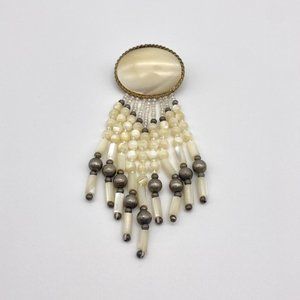 1980s Vintage Long Beaded Pin - Mother of Pearl Brooch